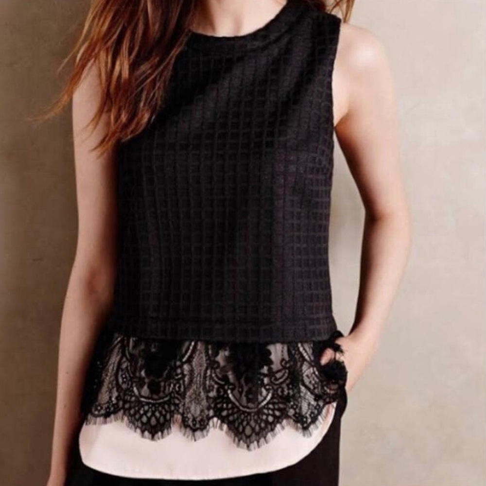 Anthro Greylin Black & Pink Waffle Knit Lace Hem Sleeveless Blouse, Size M